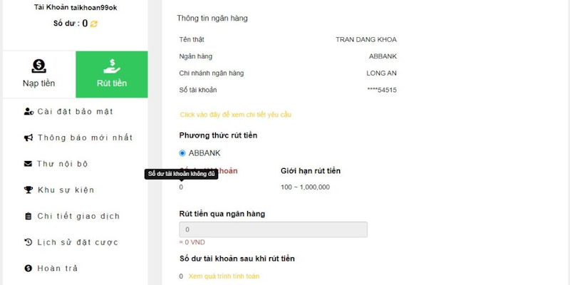 Hội viên cần cẩn thận khi thực hiện giao dịch rút tiền 99OK